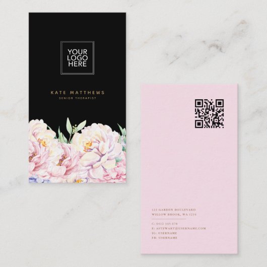 Élégant Carte de visite floral noir avec code QR (Devant / Derrière)