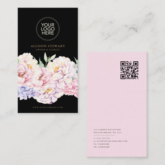 Élégant Carte de visite floral noir avec code QR (Devant / Derrière)