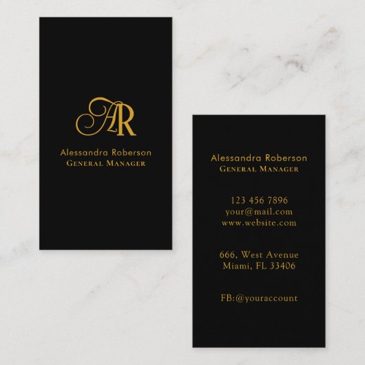 Élégant carte de visite noir et or (Devant / Derrière)