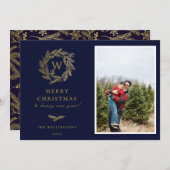 Élégant Carte photo de vacances en or Wreath Monog (Devant / Derrière)