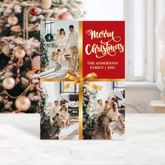 Élégant Carte photo Red Merry Christmas Gold Bow