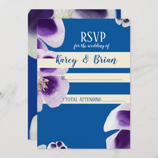 Élégant Carte photo RSVP Floral Bleu, Script (Devant / Derrière)