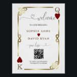 Elegant Casino Vegas Poker Mariage Affiche de bien<br><div class="desc">Design élégant avec code QR pour que vos invités puissent voir le programme de cérémonie de mariage. Il dispose de calligraphie moderne, cadre Art déco or, coeurs rouges, Q et K comme dans les cartes à jouer qui peuvent être remplacés par les initiales de mariée et de chambre. Utilisez l'outil...</div>