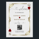 Elegant Casino Vegas Poker Mariage Affiche de bien<br><div class="desc">Design élégant avec code QR pour que vos invités puissent voir le programme de cérémonie de mariage. Il dispose de calligraphie moderne, cadre Art déco or, coeurs rouges, Q et K comme dans les cartes à jouer qui peuvent être remplacés par les initiales de mariée et de chambre. Utilisez l'outil...</div>