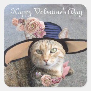 ELEGANT CAT MET BIG DIVA-PET, PINK ROSES Valentijn Vierkante Sticker