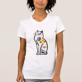 Elegant Cat Outline with Butterflies and Flower T-shirt