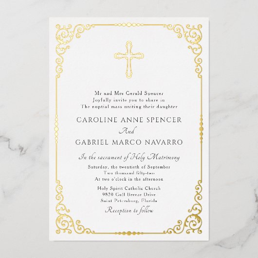 Elegant Catholic Mass Wedding Folie Uitnodiging (Voorkant)