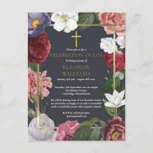 Elegant Celebration of Life Roos Floral Funeral Aankondigingskaart