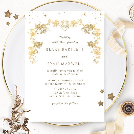 Elegant Celestial White, Gold Enchanding Wedding Kaart