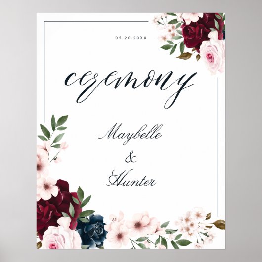 Elegant Ceremony Waterverf Burgundy Navy Floral Poster (Voorkant)