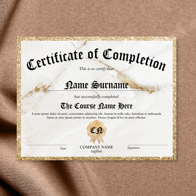 Elegant certificaat van voltooiing School Diploma (white and gold marble with gold glitter border certificate of completion)