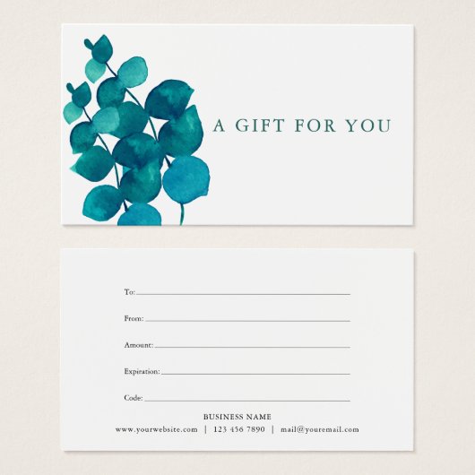 Élégant certificat cadeau Feuille Eucalyptus (Devant & derrière)