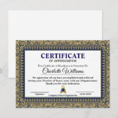 Elegant Certificate of Appreciation Blue Gold Informatiekaartje (Voorkant / Achterkant)
