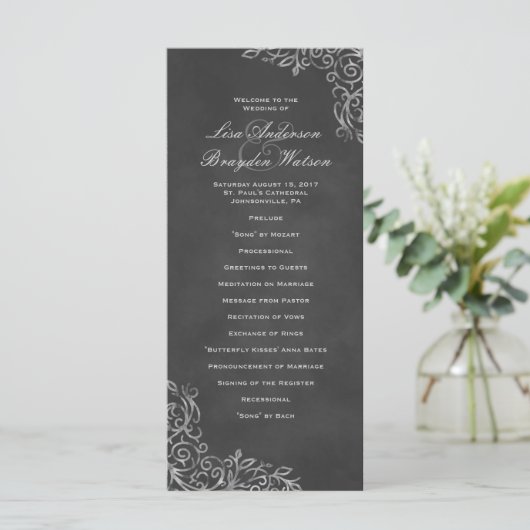 Élégant Chalkboard Filigree Wedding Programme (Debout devant)