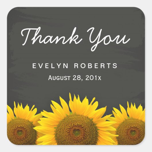 Elegant Chalkboard Yellow Sunflower Dank u Vierkante Sticker (Voorkant)