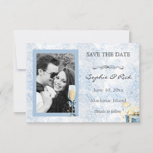 Élégant Champagne Bleu et Blanc Save the Date (Devant)