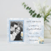 Élégant Champagne Bleu et Blanc Save the Date (Debout devant)