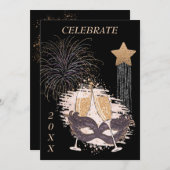 Elegant Champagne Glass and Mask New Years Party I Kaart (Voorkant / Achterkant)