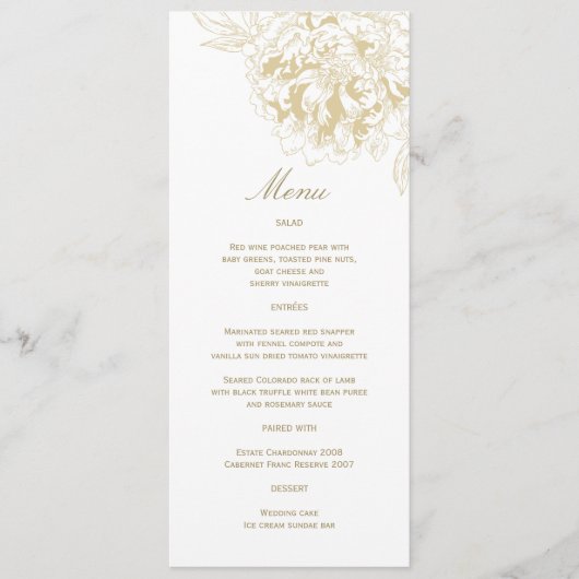Elegant Champagne Gold Floral Peony Wedding Menu (Voorkant)