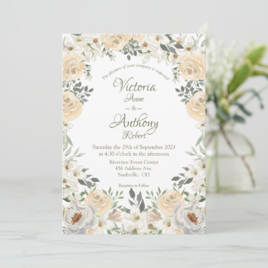 Elegant Champagne Ivory Floral Script Wedding Invi Kaart (Staand voorkant)