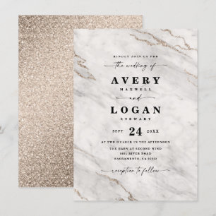 Elegant Champagne White Marble & Glitter Wedding Kaart