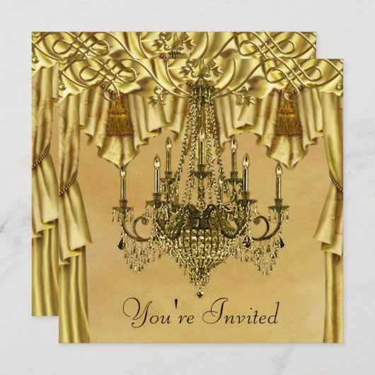 Elégant Chandelier Or Gold Party Invitation (Devant / Derrière)