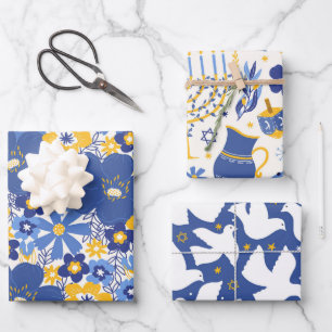 Elegant Chanoeka Patroon Geel en Blauw Gift Inpakpapier Vel