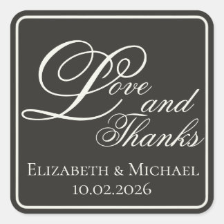 Elegant Charcoal Modern "Love and Thanks" Vierkante Sticker