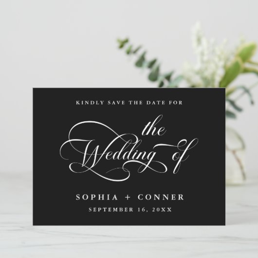 Elegant Charm Script Trouwen Zwart Save The Date (Staand voorkant)