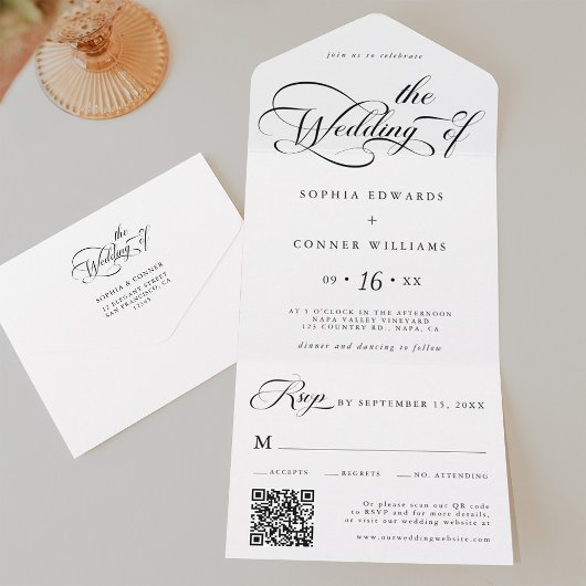 Elegant Charm Script Trouwen Zwart & Wit All In One Uitnodiging