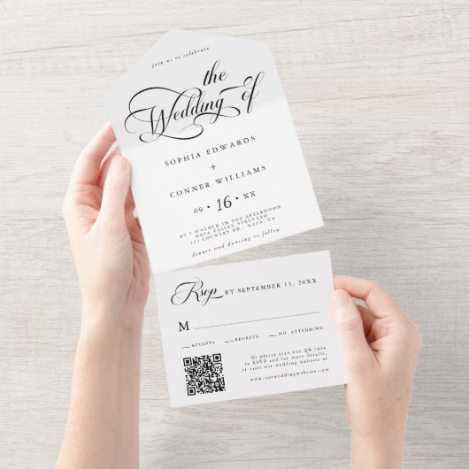 Elegant Charm Script Trouwen Zwart & Wit All In One Uitnodiging (Afscheurbaar)