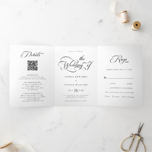 Elegant Charm Script Trouwen Zwart-wit Drieluik Uitnodiging (Binnen)