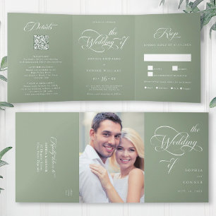 Elegant Charm Script Wedding Sage Green Drieluik Uitnodiging