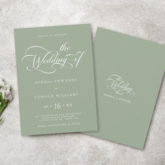 Elegant Charm Script Wedding Sage Green Kaart