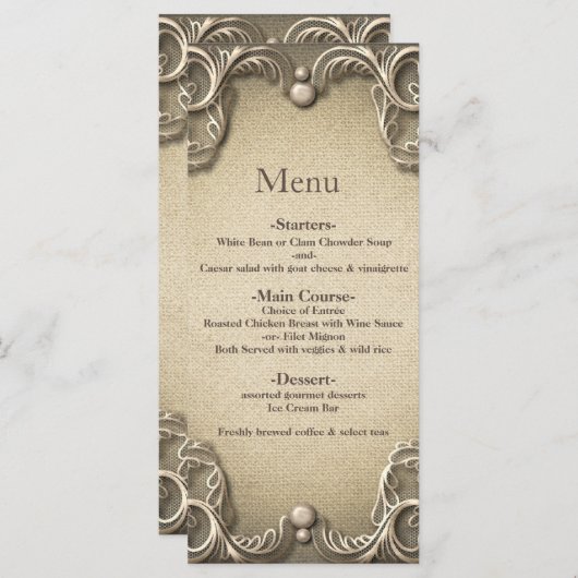 Elégant charme du sud Rustic Burlap Menu Mariage (Devant / Derrière)
