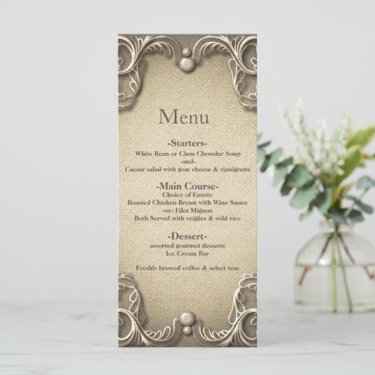 Elégant charme du sud Rustic Burlap Menu Mariage (Debout devant)
