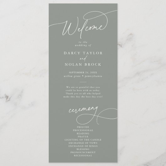 Élégant Charme Plat Dark Sage Wedding Programme (Devant)