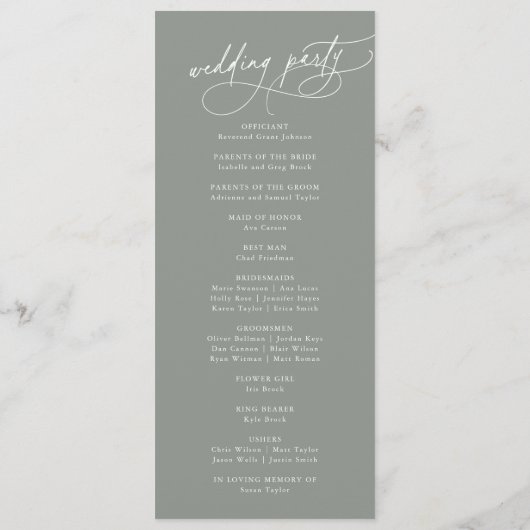 Élégant Charme Plat Dark Sage Wedding Programme (Dos)