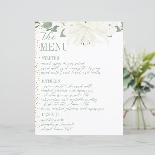 Élégant Charme Vert Fleur sauvage Menu Mariage (Debout devant)
