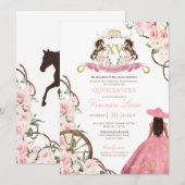 Élégant Charro rose Quinceanera Invitation florale (Devant / Derrière)