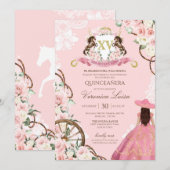 Élégant Charro rose Quinceanera Invitation florale (Devant / Derrière)