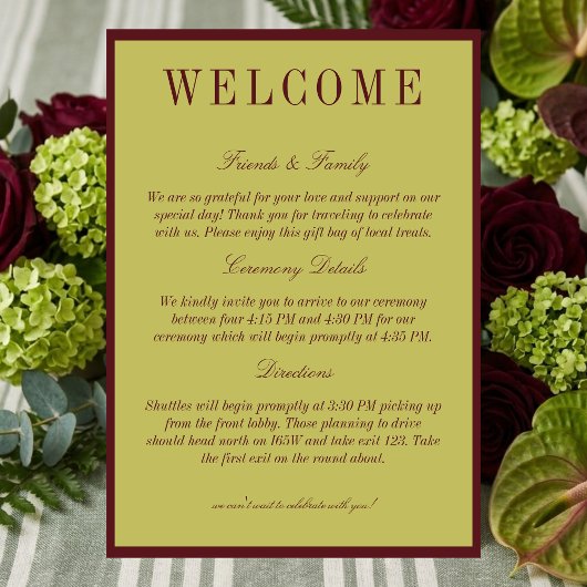 Elegant Chartreuse Burgundy Wedding Welcome Programma