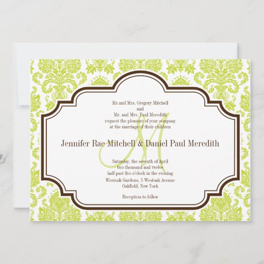 Elegant Chartreuse Damask Wedding Invitations Kaart (Voorkant)