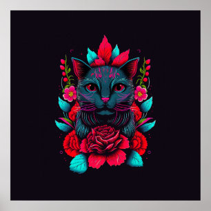 Élégant chat noir entouré de roses rouges   Poster