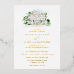 Elegant Chateau Waterverf Landhuis Bruiloft Folie Uitnodiging