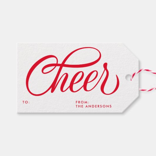 Elegant Cheer Red Script Kerstvakantie Cadeaulabel (Voorkant (Horizontaal))