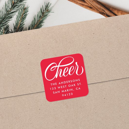 Elegant Cheer Script Kerst retour adres rood Vierkante Sticker