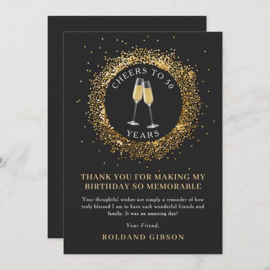 Elegant Cheers Zwart en Goud Verjaardag Dank u Bedankkaart (Voorkant / Achterkant)