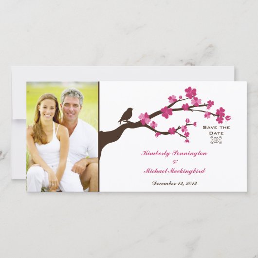 Elegant cherry blossom bird save the date foto (Voorkant)