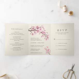 Elegant Cherry Blossom Pink Floral Wedding Drieluik Uitnodiging